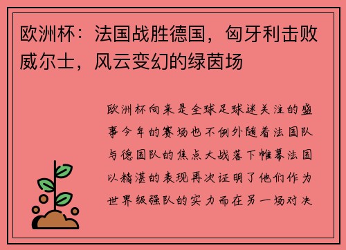 欧洲杯:法国战胜德国,匈牙利击败威尔士,风云变幻的绿茵场 欧洲杯:法国战胜德国,匈牙利击败威尔士,风云变幻的绿茵场