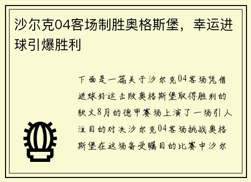 沙尔克04客场制胜奥格斯堡,幸运进球引爆胜利 沙尔克04客场制胜奥格斯堡,幸运进球引爆胜利